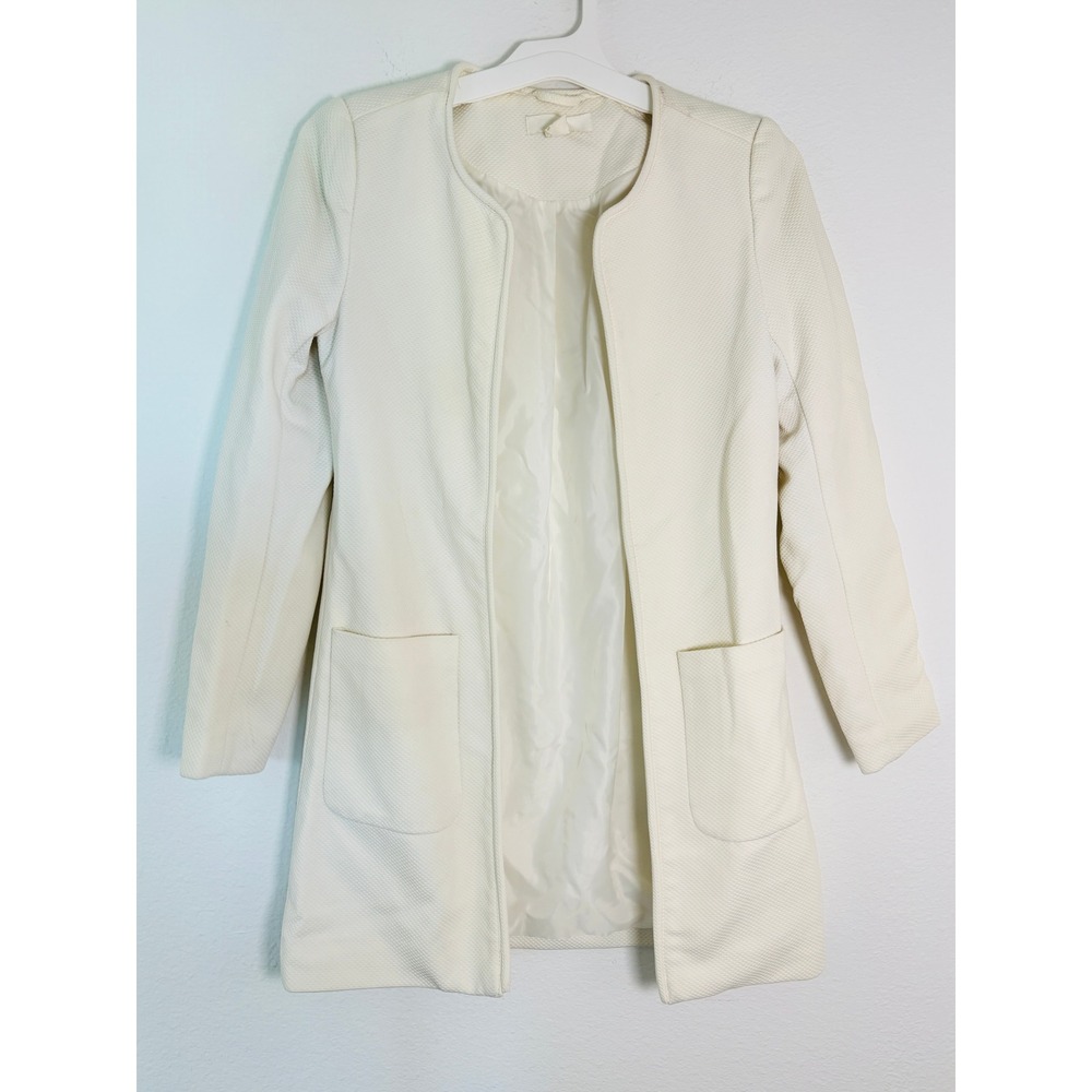 HM Womens Cream Textured Open Front Longline Coat Jacket Size 4 Pique Honeycomb